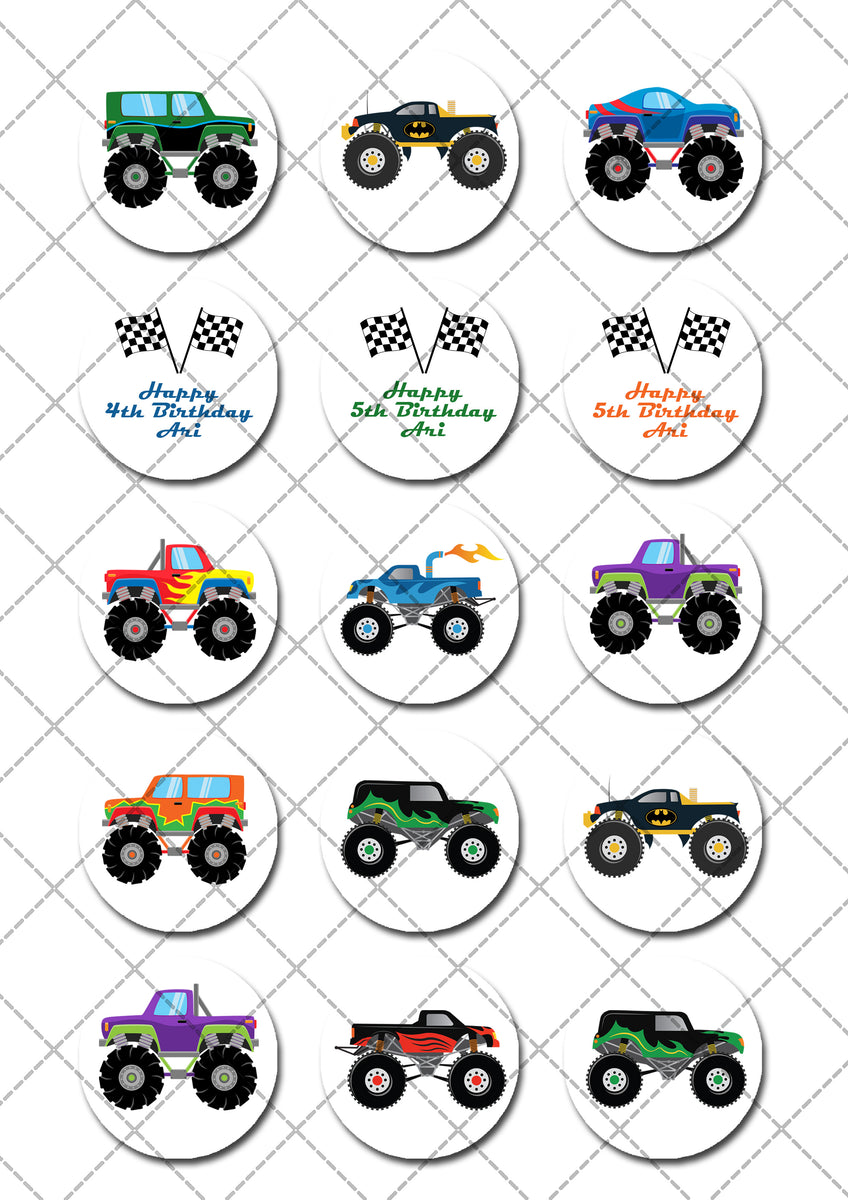 Monster Trucks Edible Icing Cupcake Toppers – Deezee Designs for Free Printable Monster Truck Cupcake Toppers