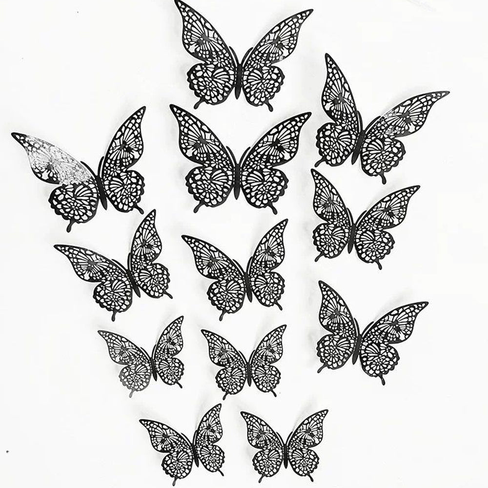 Black Metallic Shimmery Paper Butterflies - Pack of 12
