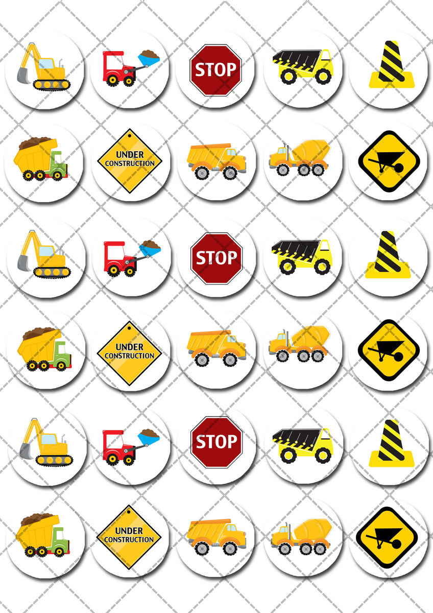 Construction Precut Mini Edible Cupcake or Cookie Toppers Deezee Designs