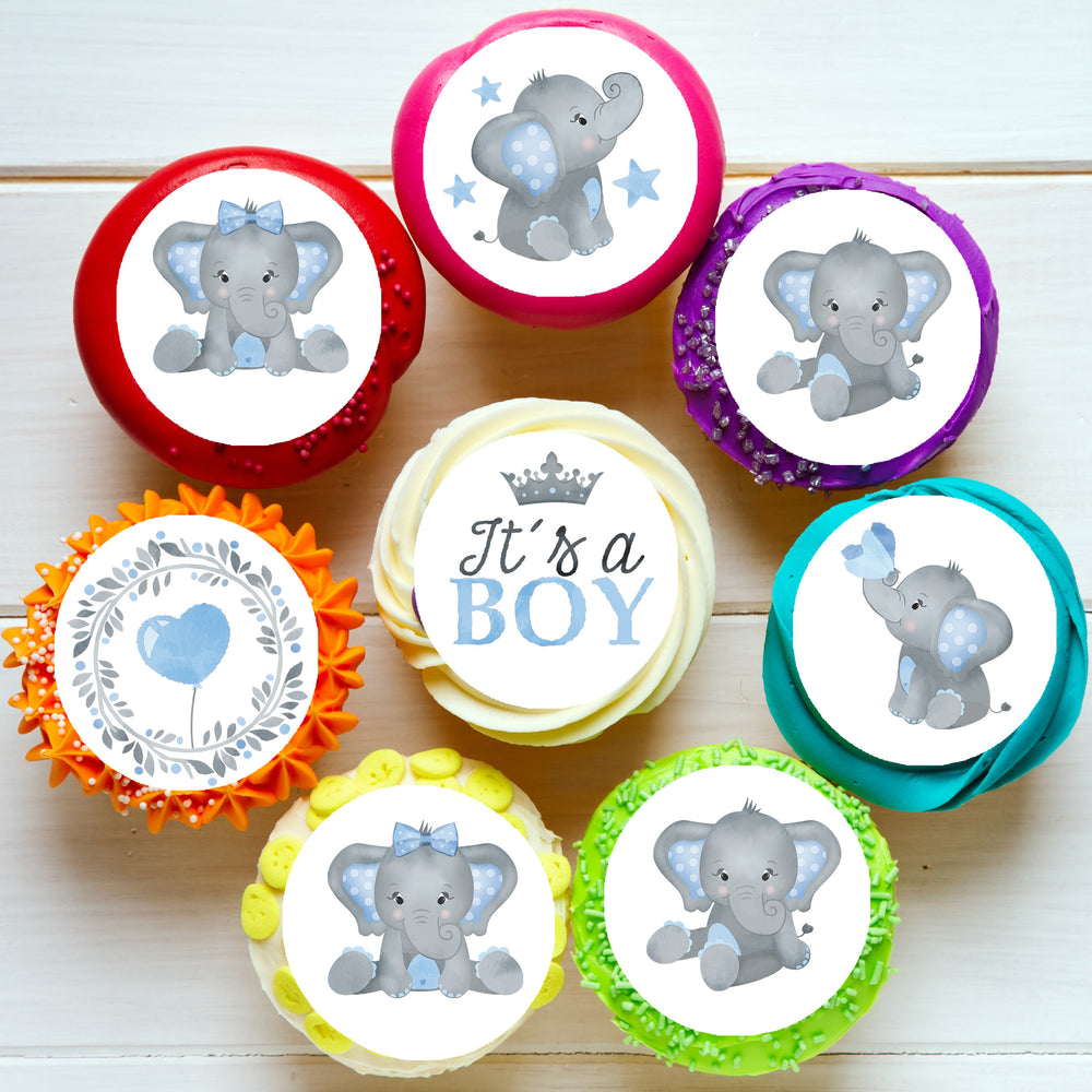 Baby Boy Elephant Pre-cut Edible Icing Cupcake or Cookie Toppers