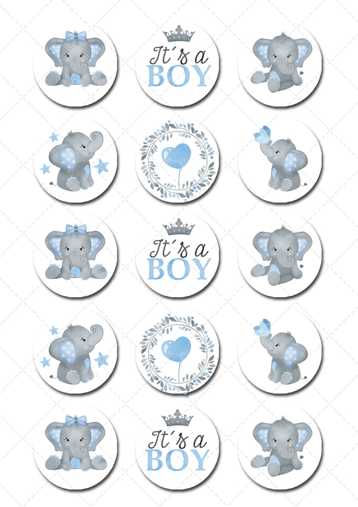 Baby Boy Elephant Pre-cut Edible Icing Cupcake or Cookie Toppers