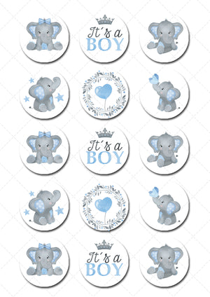 Baby Boy Elephant Pre-cut Edible Icing Cupcake or Cookie Toppers