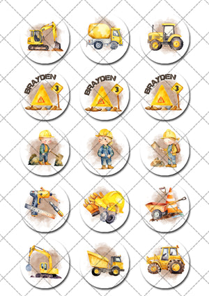 Construction Themed Edible Cupcake or Cookie Toppers