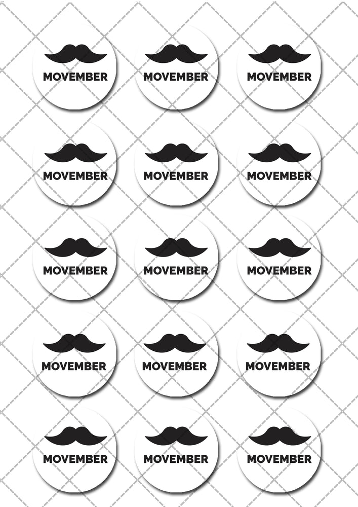 Movember Pre-cut Edible Icing Cupcake or Cookie Toppers