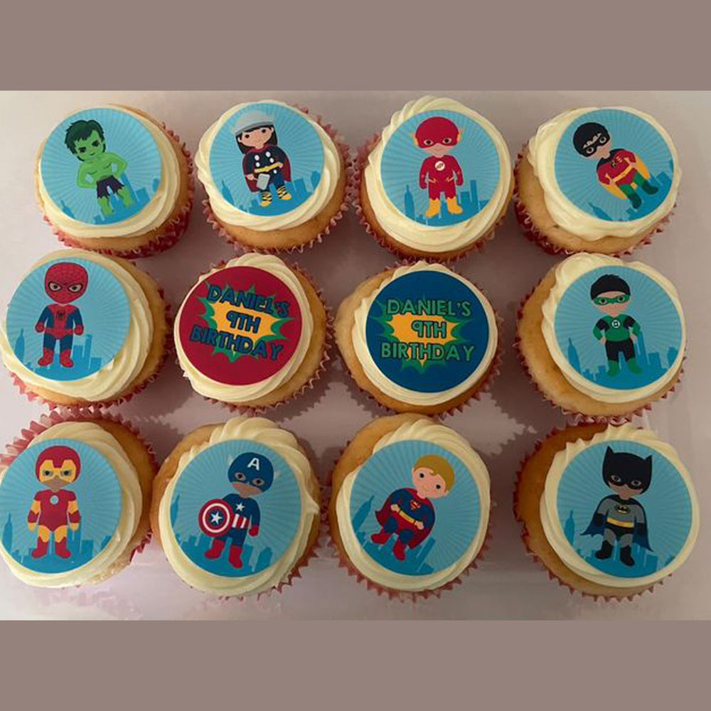 Superhero Boys Pre-cut Edible Icing Cupcake or Cookie Toppers