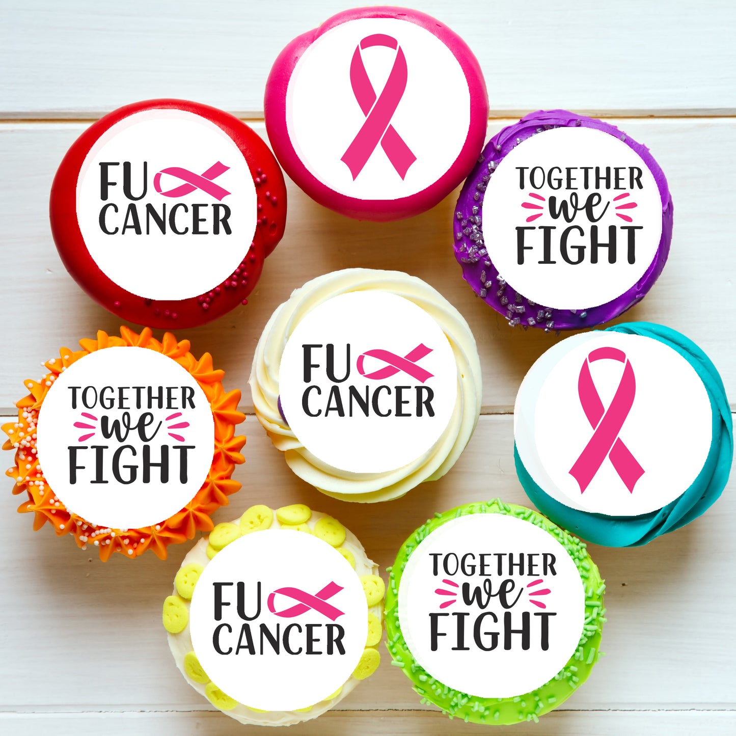 F**k Cancer Pink Ribbon Pre-cut Edible Icing Cupcake or Cookie Toppers