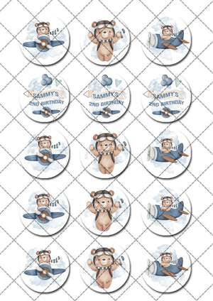 Cute Aviator Teddy Bears Pre-cut Edible Cupcake or Cookie Toppers