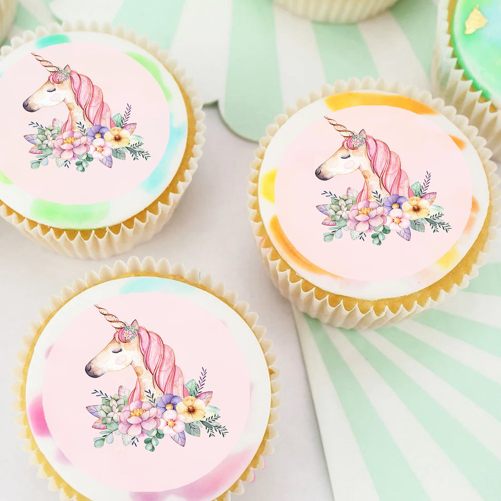 Floral Unicorn Pre-cut Edible Cupcake or Cookie Toppers