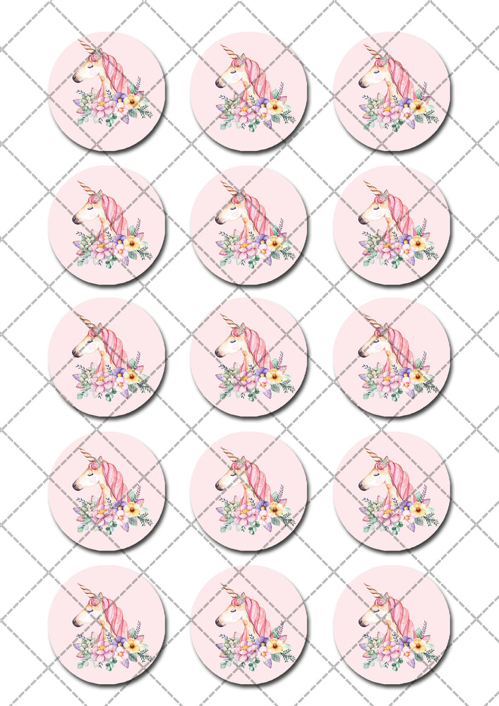 Floral Unicorn Pre-cut Edible Cupcake or Cookie Toppers