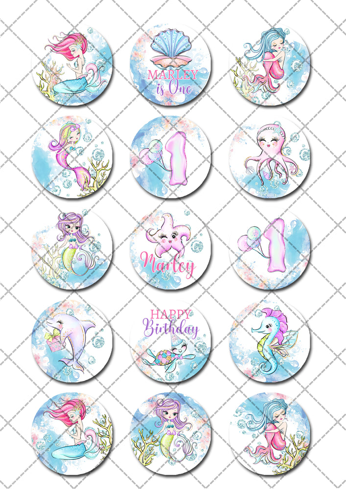 Mermaid Under the Sea Pre-cut Edible Cupcake or Cookie Toppers