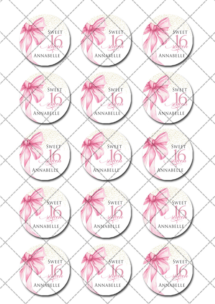 Sweet Sixteen 16th Birthday Pre-cut Edible Cupcake or Cookie Toppers