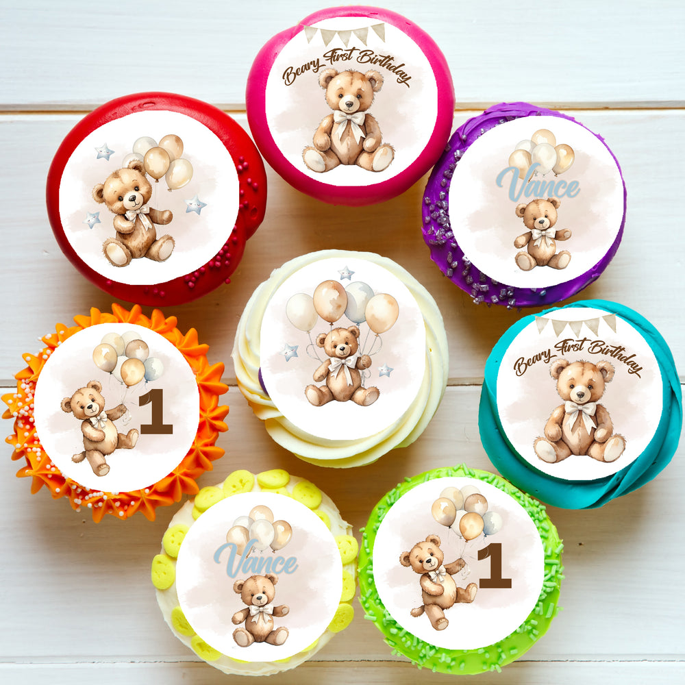 Beary First Birthday Pre-cut Edible Cupcake or Cookie Toppers