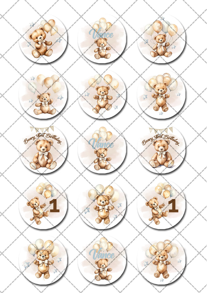 Beary First Birthday Pre-cut Edible Cupcake or Cookie Toppers