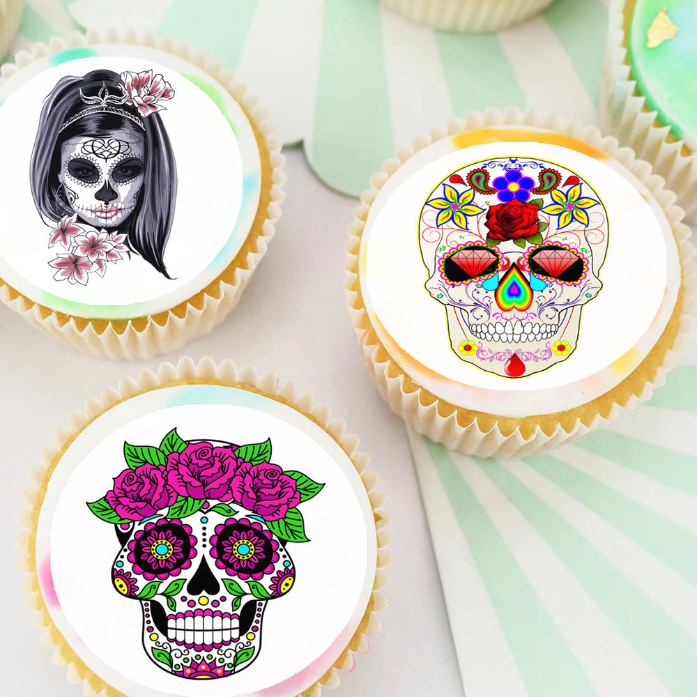 Sugar Skulls Pre-cut Edible Cupcake or Cookie Toppers