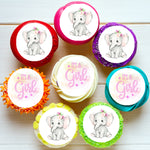 Baby Girl Shower Elephant Pre-cut Edible Icing Cupcake or Cookie Toppers
