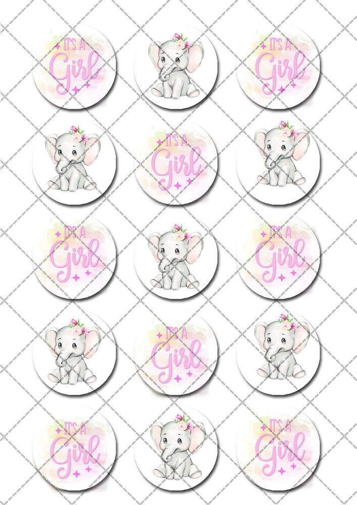 Baby Girl Shower Elephant Pre-cut Edible Icing Cupcake or Cookie Toppers