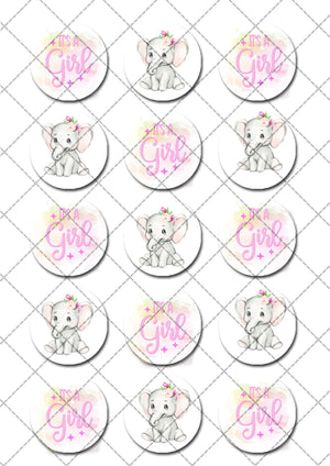 Baby Girl Shower Elephant Pre-cut Edible Icing Cupcake or Cookie Toppers