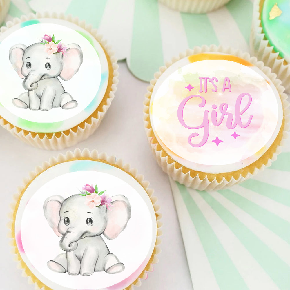 Baby Girl Shower Elephant Pre-cut Edible Icing Cupcake or Cookie Toppers