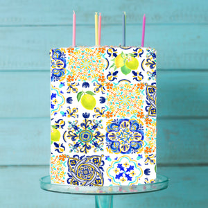 Amalfi Blue Tile Pattern Edible Icing Cake Wrap