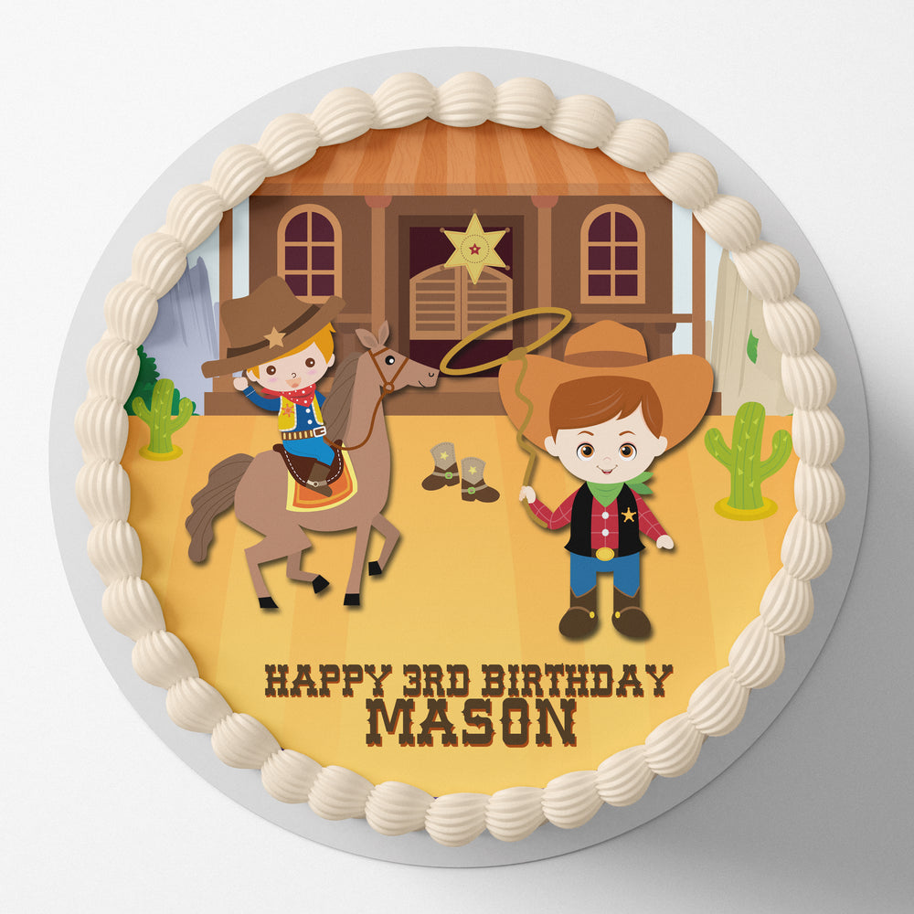 Cowboy Themed Birthday Pre-cut Round Edible Cake Topper