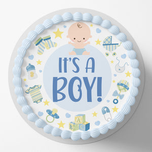 Baby Boy Pre-cut Round Edible Cake Topper