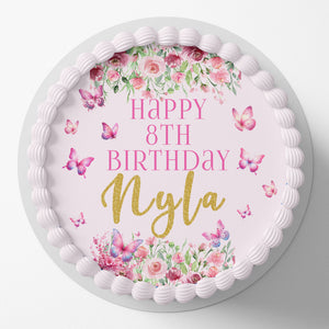 Floral Butterfly Pre-cut Round Edible Cake Topper
