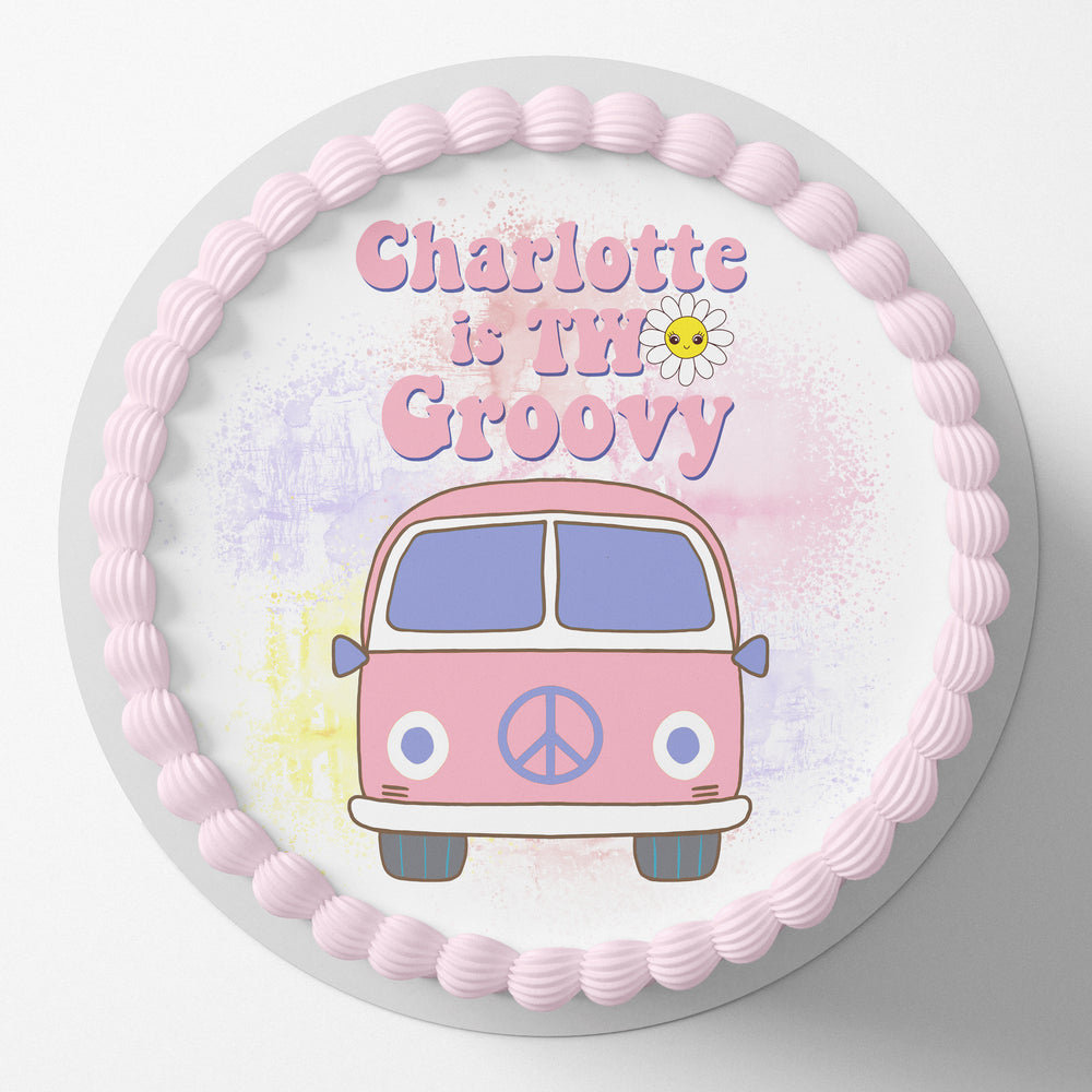 Two Groovy Combi Van Birthday Pre-cut Round Edible Cake Topper