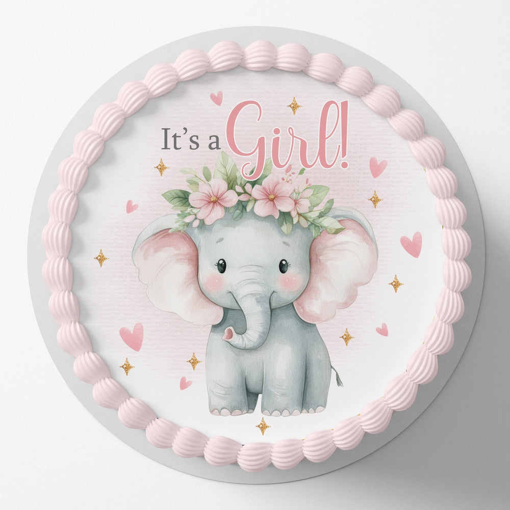 Baby Shower It's A Girl Elephant Pre-cut Round Edible Cake Topper