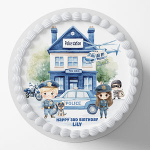 Police Themed Round Pre-cut Edible Icing Cake Topper