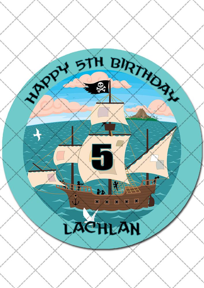 Pirate Ship Pre-cut Round Edible Icing Cake Topper