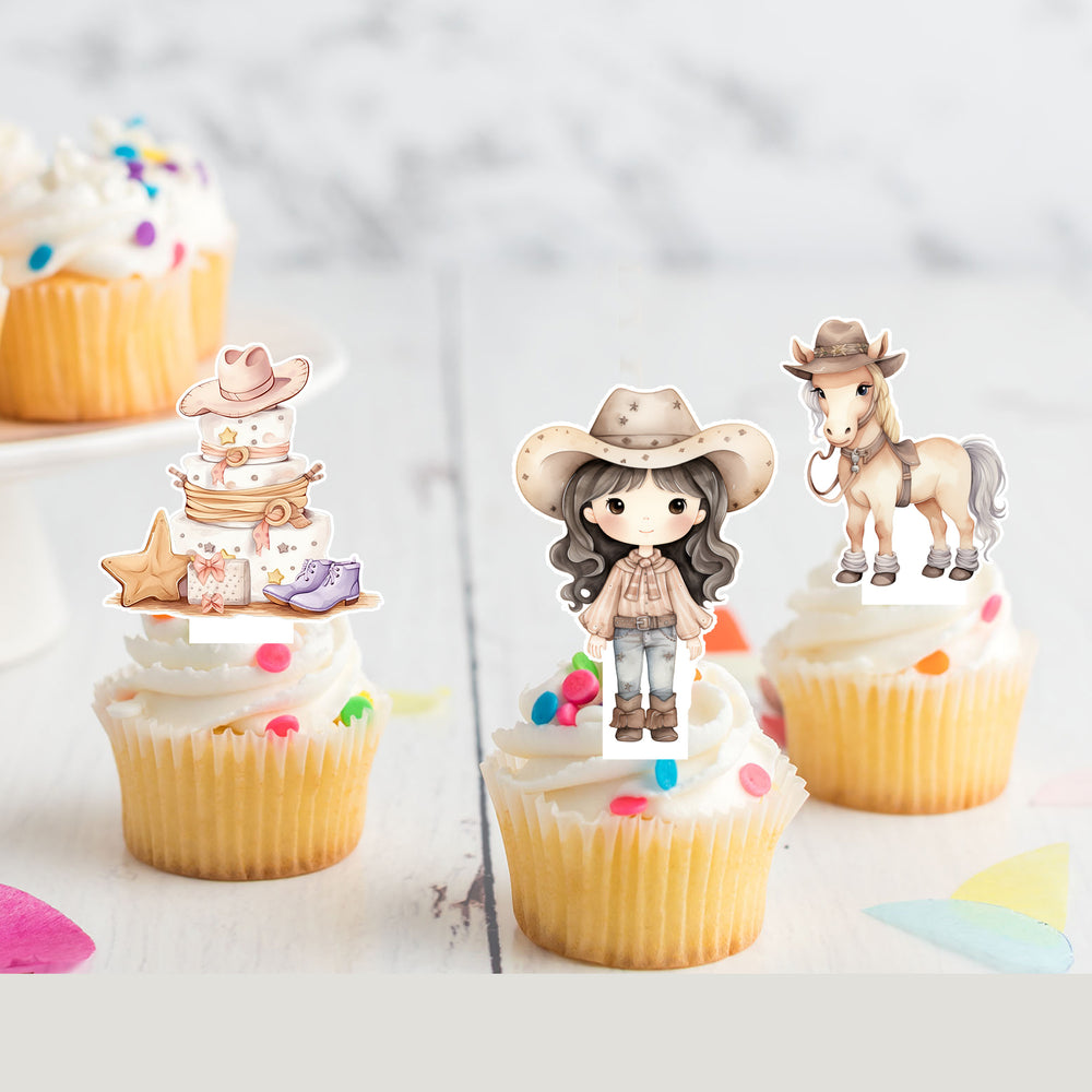 Cowgirl Western Rodeo Pre-cut Edible Stand-Up Wafer Card Cupcake Toppers