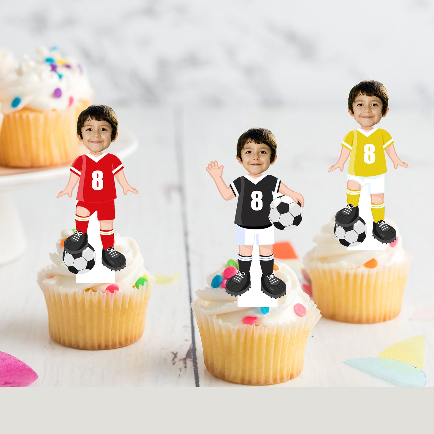 Photo Personalised Soccer Sports Football Pre-cut Edible Stand-Up Wafer Card Cupcake Toppers