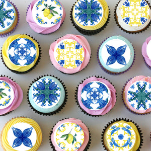 Blue Amalfi Tile Lemons Pre-cut Mini Edible Cupcake or Cookie Toppers