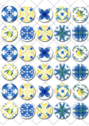 Blue Amalfi Tile Lemons Pre-cut Mini Edible Cupcake or Cookie Toppers