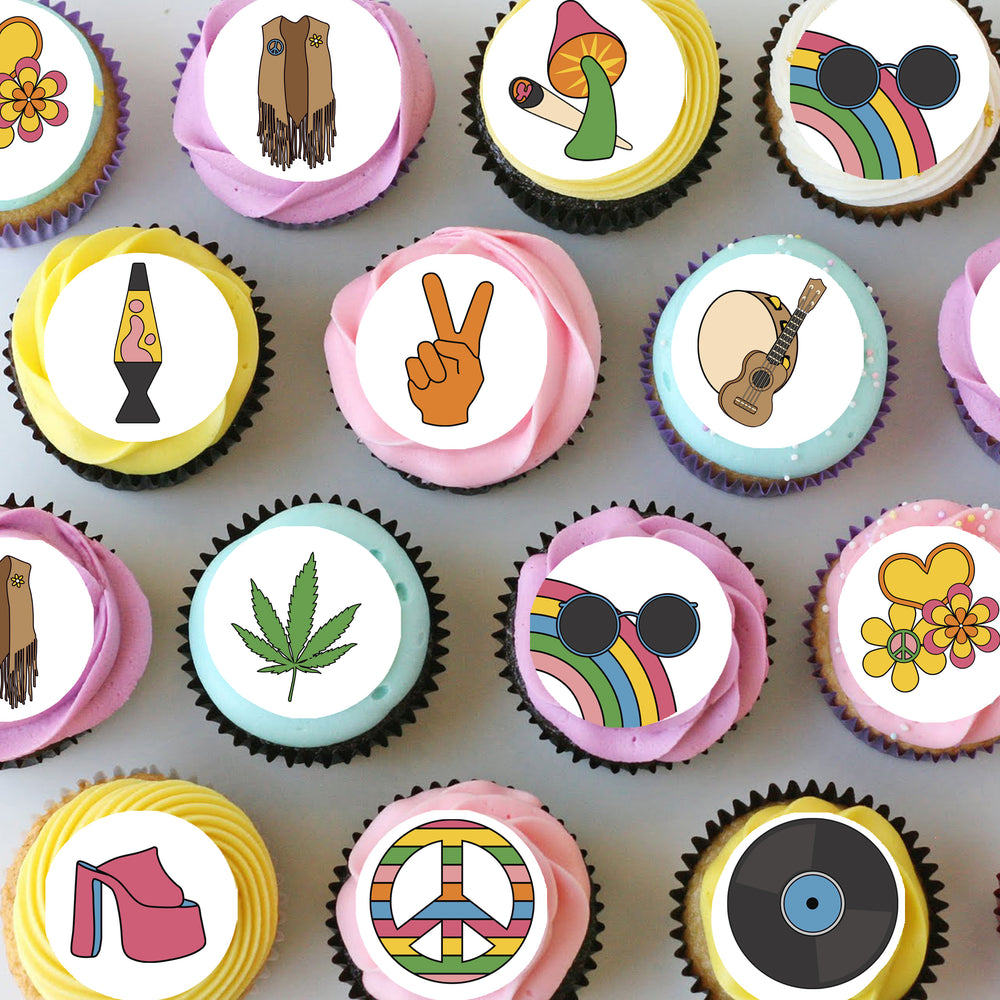 Hippy 70's Seventies Pre-cut Mini Edible Cupcake or Cookie Toppers