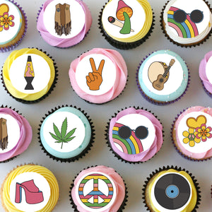 Hippy 70's Seventies Pre-cut Mini Edible Cupcake or Cookie Toppers