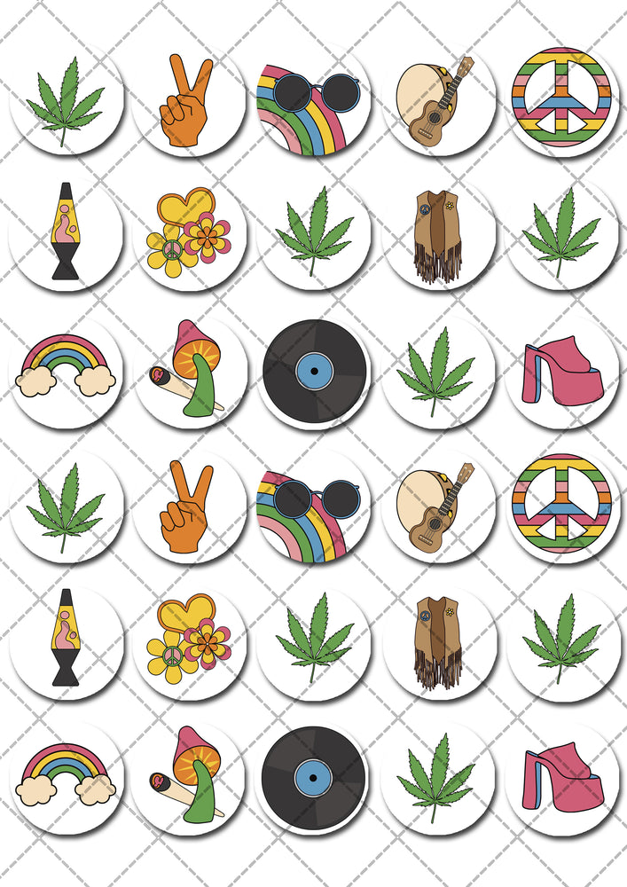 Hippy 70's Seventies Pre-cut Mini Edible Cupcake or Cookie Toppers