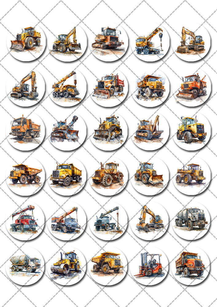 Construction Trucks Pre-cut Mini Edible Icing Cupcake or Cookie Toppers