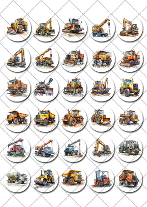 Construction Trucks Pre-cut Mini Edible Icing Cupcake or Cookie Toppers