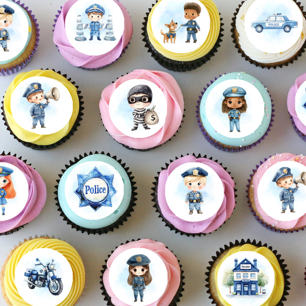 Police Themed Pre-cut Mini Edible Icing Cupcake or Cookie Toppers