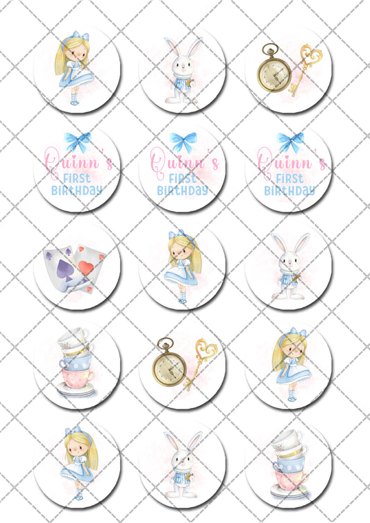 Alice In Wonderland Inspired Pre-cut Edible Cupcake or Cookie Toppers