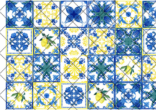 Amalfi Lemon Blue Tile Pattern Edible Icing Cake Wrap