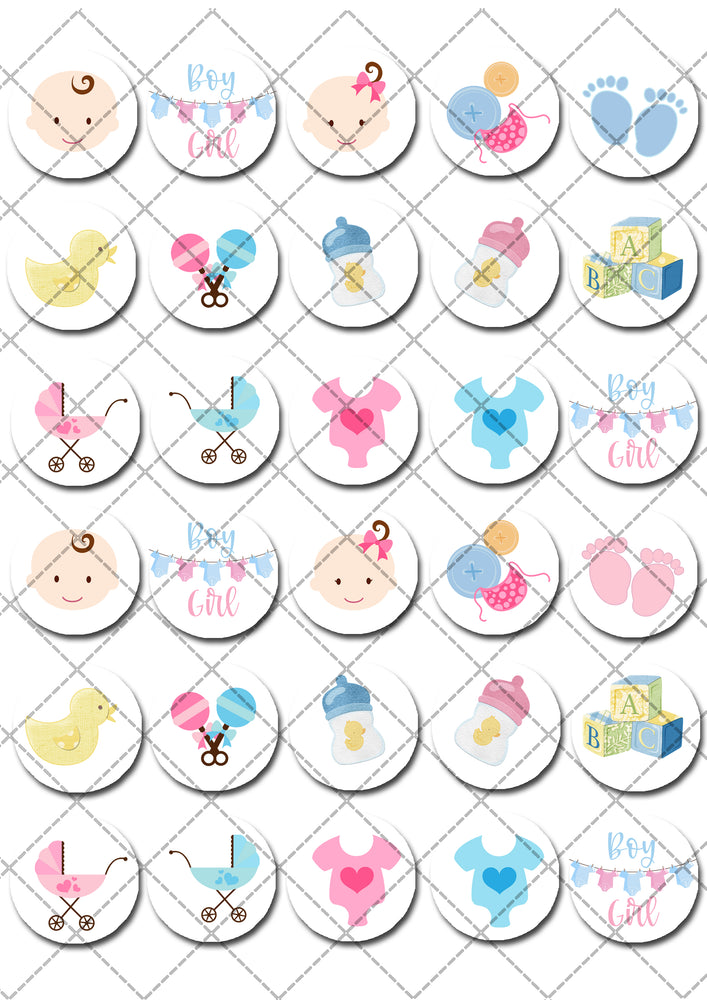 Baby Girl Boy Shower Birth Pre-cut Mini Edible Cupcake or Cookie Toppers