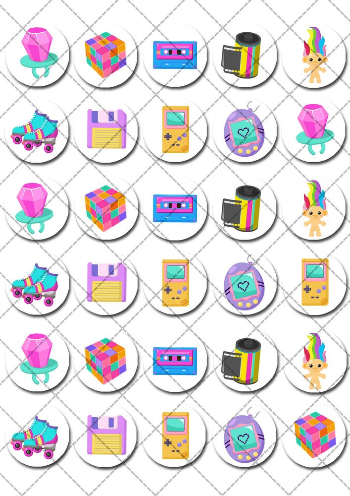 Back to the Nineties 90's Pre-cut Mini Edible Icing Cupcake or Cookie Toppers