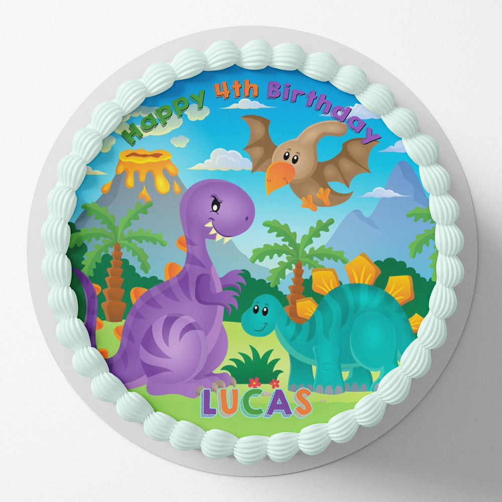 Dinosaur Cute Colourful Pre-cut Round Edible Cake Topper