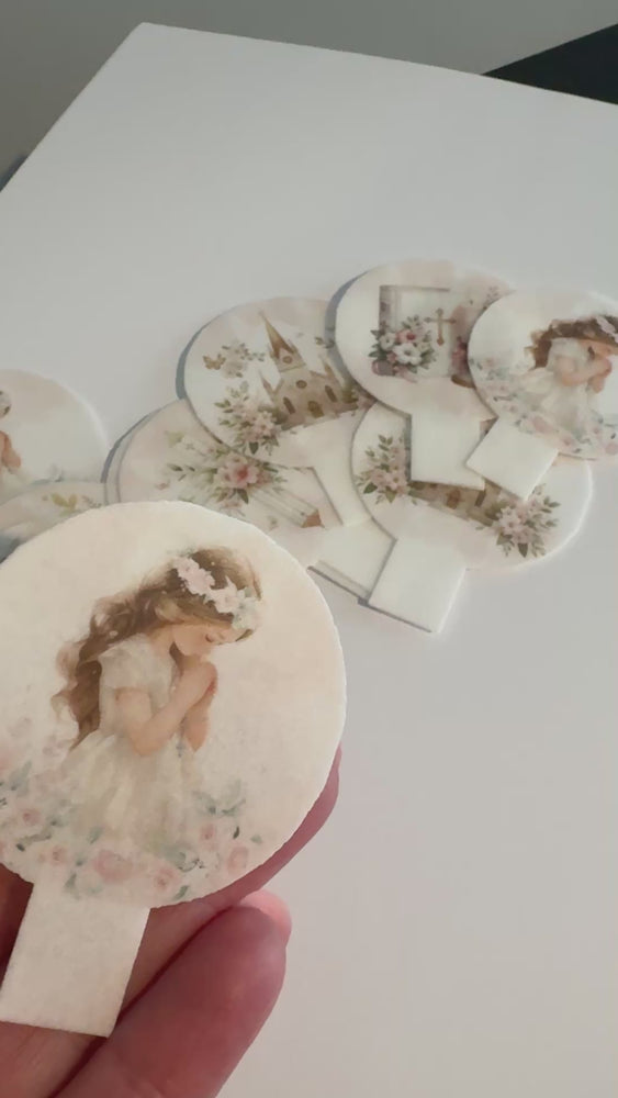 
            
                Load and play video in Gallery viewer, First Holy Communion Pre-cut Edible Stand Up Wafer Card Cupcake Toppers
            
        