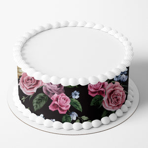 Floral Dark Flowers Edible Icing Cake Wrap