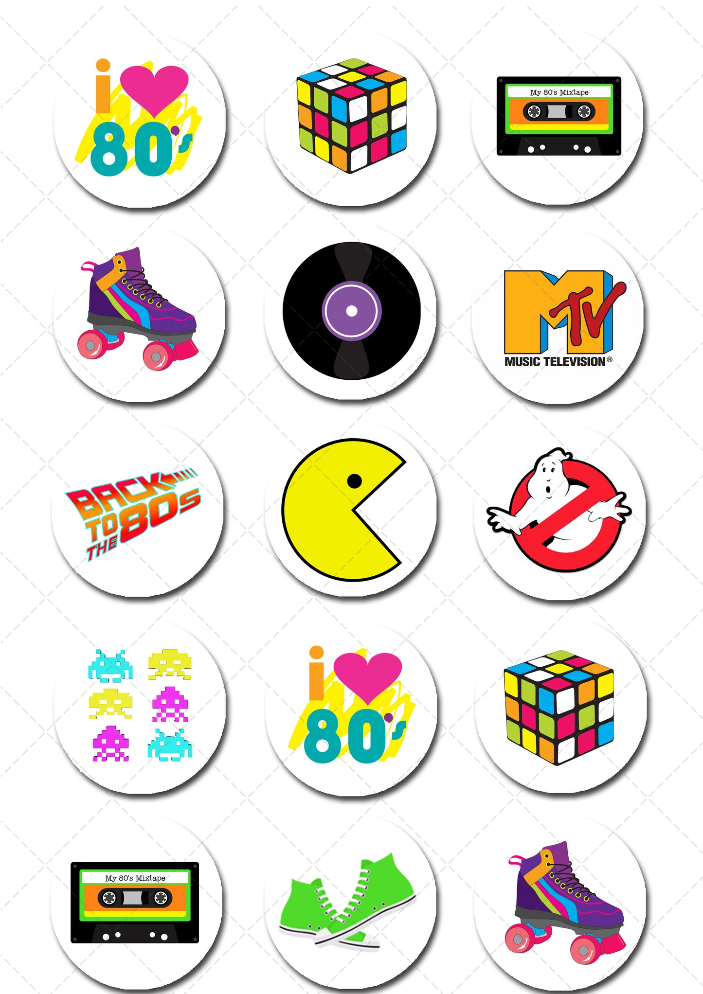 Eighties 80's Inspired Pre-cut Edible Cupcake or Cookie Toppers