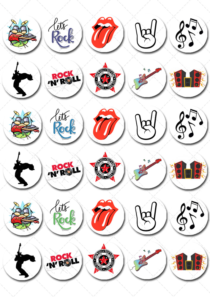 Rock & Roll Pre-cut Mini Edible Cupcake or Cookie Toppers