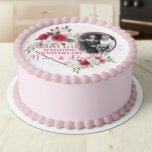 Anniversary Birthday Floral Pre-cut Round Edible Cake Topper